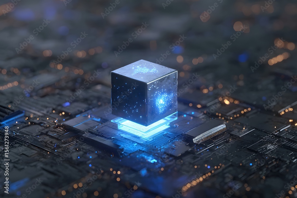 Poster 3d rendering of a tiny cube with a glowing blue light on top, floating over a large circuit board.