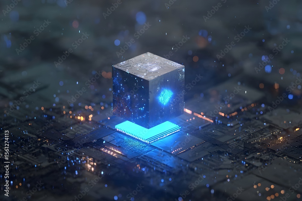 Poster 3d rendering of a tiny cube with a glowing blue light on top, floating over a large circuit board.