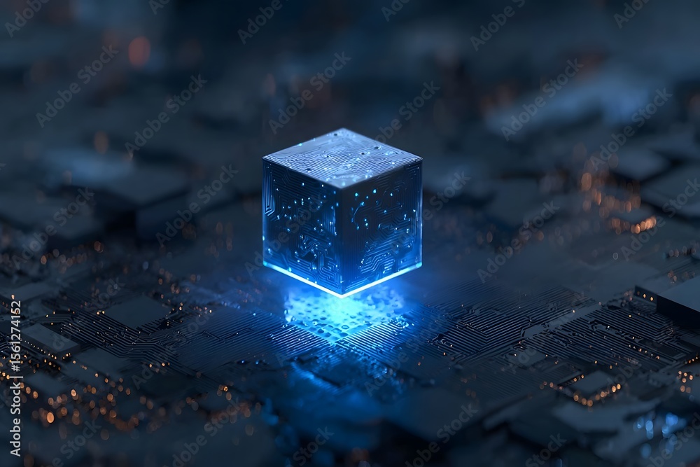 Poster 3D rendering of a tiny cube with a glowing blue light on top, floating over a large circuit board.