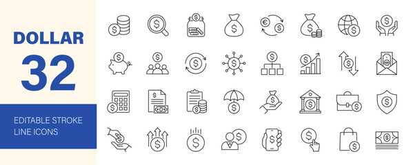Dollar icon set. Containing money, cash, coin, payment, bank, earnings, income, currency, business, loan and more. Editable line icons. Vector illustration.