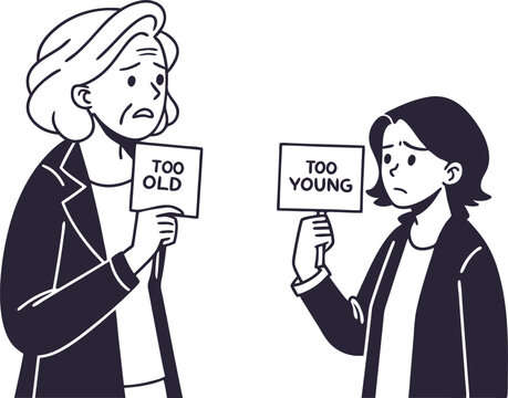 Vector art of two women holding signs expressing concerns about ageism isolated on white background
