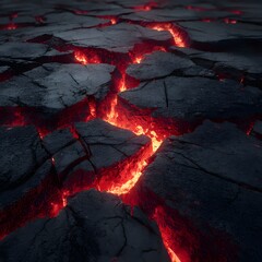 Cracked lava surface glowing with heat beneath dark volcanic rock