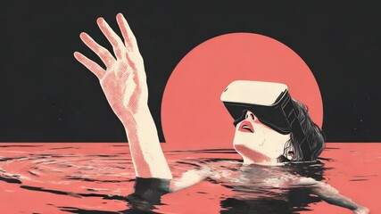 Retro futuristic digital art of woman experiencing virtual reality in water with sunset background   - Powered by Adobe