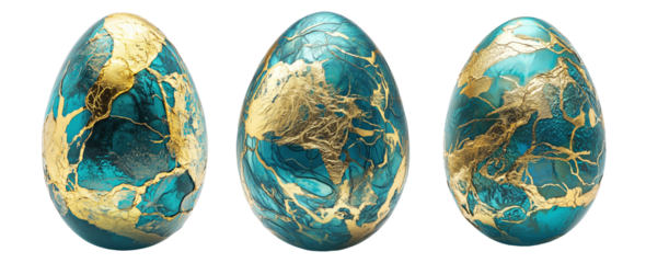 Elegant turquoise egg with intricate gold patterns isolated on white transparent background. Symbol of luxury, Easter, and artistic craftsmanship
