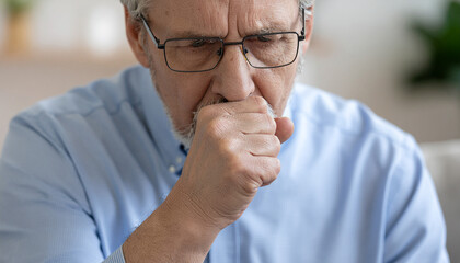 Close-up of a senior coughing with his hands in his  mouth.
