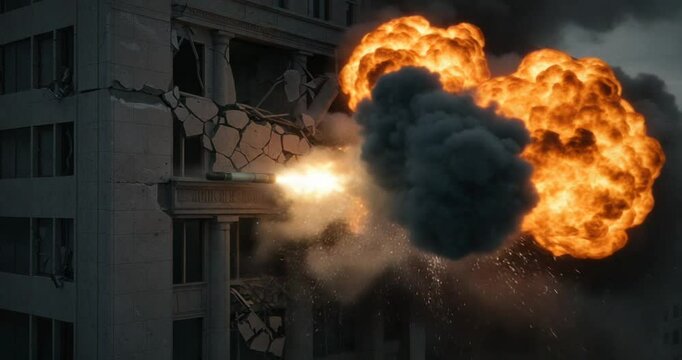 Explosive Demolition of a Building with Smoke Clouds