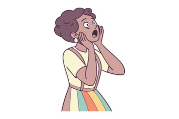 Captured in a Moment: Illustration of surprised young woman with both hands on cheeks, her eyes wide, expression a mix of shock and awe. A vibrant display of emotions.