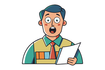 Surprised cartoon man with open mouth and wide eyes holding a document expressing shock and astonishment