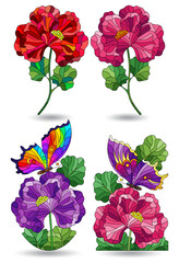 Set of stained glass illustrations with flowers and butterflies, isolated on a white background