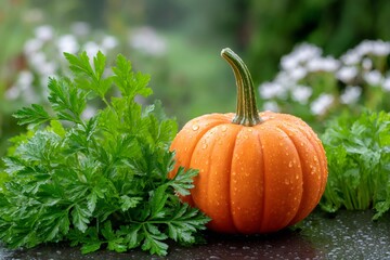 Obraz premium Small pumpkin with water drops sitting near parsley leaves
