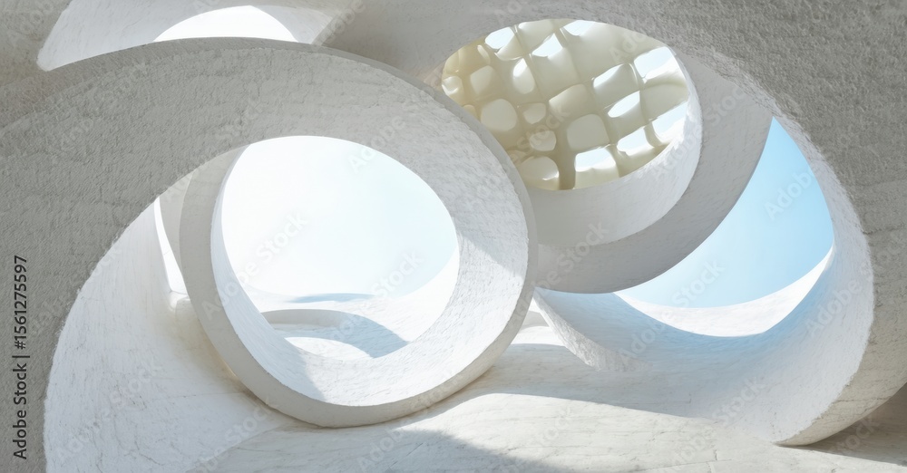 Poster curved white architecture creates interesting light, shadow patterns. minimalist design evokes calm,