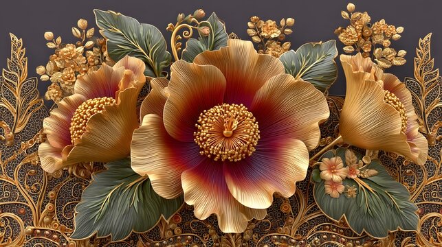 Luxury golden floral decoration with bird high resolution photo