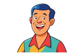 A cheerful cartoon man with blue hair and a vibrant colorful shirt smiles broadly conveying a friendly and approachable personality