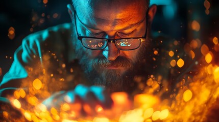 A focused artisan engages with vibrant sparks in a creative process. He embodies passion and innovation in crafting art. A moment of brilliance. Generative AI