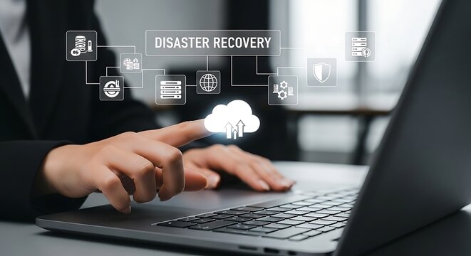 Businesswoman manages cloud-based disaster recovery system on laptop.