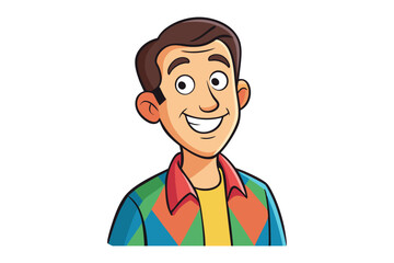 Smiling cartoon man with brown hair wearing a colorful geometric patterned jacket and yellow t shirt