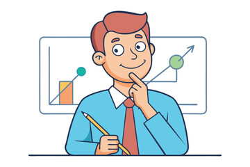 Thoughtful businessman with pencil contemplating upward trending graph and financial data in a modern office setting