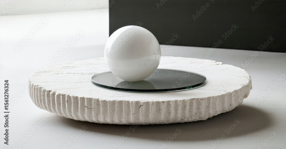 Poster white sphere balanced on textured stone base. minimalist composition, soft lighting, modern design a