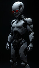 
A angry ai robot with glowing eyes that seem to pierce through the darkness, A robot with glowing red eyes standing in darkness, AI generated