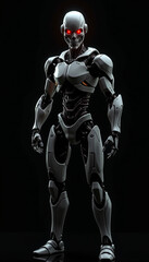 
A angry ai robot with glowing eyes that seem to pierce through the darkness, A robot with glowing red eyes standing in darkness, AI generated