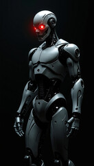 
A angry ai robot with glowing eyes that seem to pierce through the darkness, A robot with glowing red eyes standing in darkness, AI generated