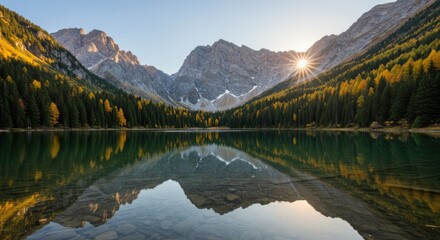 Alpine serenity: mountain reflection in pristine lake at sunrise a majestic natural landscape