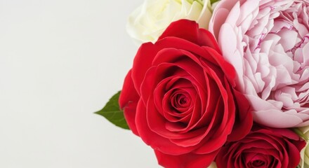 Obraz premium Beautiful Red Roses and Pink Peonies with Green Leaves