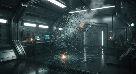 Cataclysmic breach in a futuristic research facility unveils a devastating explosion leaving