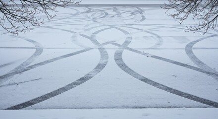 Circular patterns left by vehicle tires on a snow-covered surface under winter light and bare