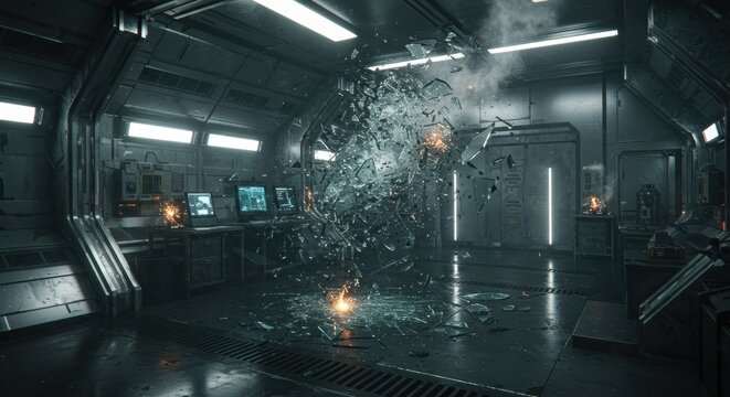 Cataclysmic breach in a futuristic research facility unveils a devastating explosion leaving