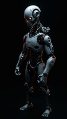 
A angry ai robot with glowing eyes that seem to pierce through the darkness, A robot with glowing red eyes standing in darkness, AI generated