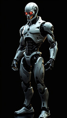 
A angry ai robot with glowing eyes that seem to pierce through the darkness, A robot with glowing red eyes standing in darkness, AI generated