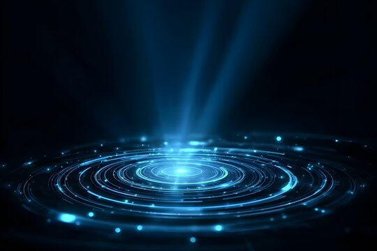 Abstract futuristic background with blue light rays and glowing circular rings on a black backdrop.