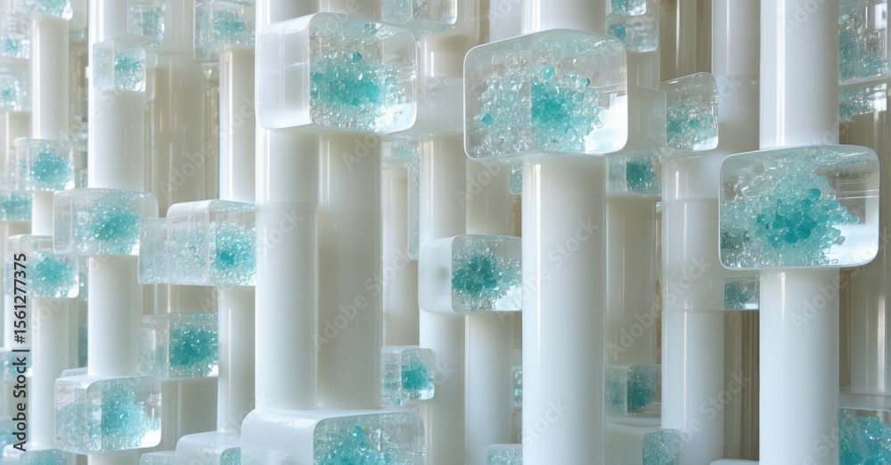 Poster Abstract installation features repeating white columns with embedded turquoise crystalline structures. Minimalist design creates textured visual impact.