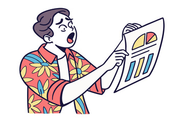 Shocked man in hawaiian shirt reacts to bad news on financial report with open mouth and wide eyes