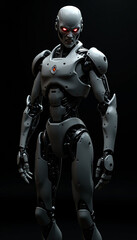 
A angry ai robot with glowing eyes that seem to pierce through the darkness, A robot with glowing red eyes standing in darkness, AI generated