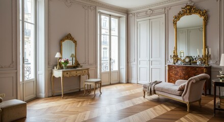 Fototapeta premium Elegant Parisian apartment interior showcasing classic design elements and refined aesthetics
