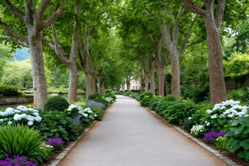 Pathway lined with trees and flowers leading to a building in a park