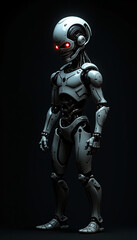 
A angry ai robot with glowing eyes that seem to pierce through the darkness, A robot with glowing red eyes standing in darkness, AI generated