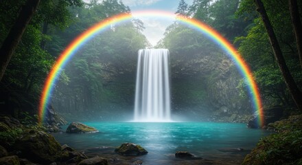 Fototapeta premium Enchanting waterfall scene with vibrant rainbow arching over turquoise pool and lush woodland