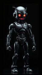 
A angry ai robot with glowing eyes that seem to pierce through the darkness, A robot with glowing red eyes standing in darkness, AI generated
