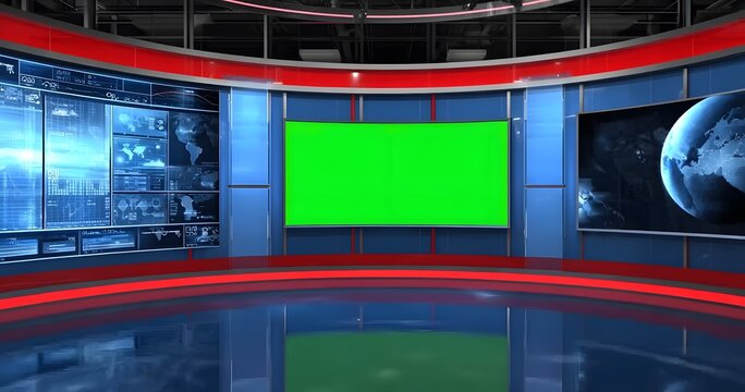 Venton chroma key background news studio virtual set, green screen with a blue gradient backdrop and red trim. 