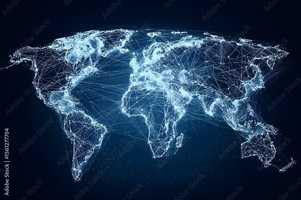 Sticker abstract global network concept with a blue glowing map of the world, digital data transfer, and con