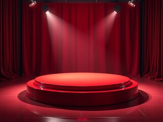 Dramatic Red Stage Podium with Spotlights and Velvet Curtains: Product Display