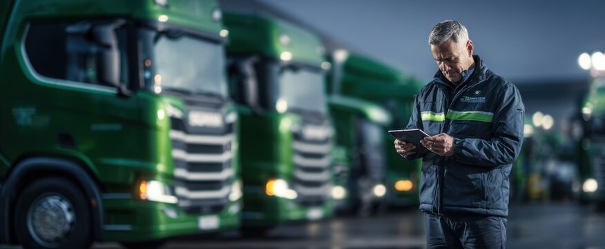 The professional truck manager using a tablet in a fleet yard at night.