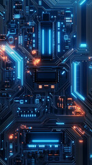 Futuristic circuit board texture in glowing neon blue, highly detailed tech design, white background