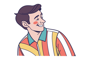 A cheerful young man with rosy cheeks and stylish wavy hair smiles warmly while wearing a colorful striped shirt