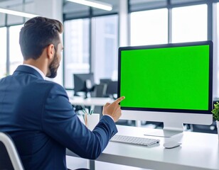 Fototapeta premium Office Worker Showing Computer Display with Editable Green Screen
