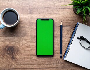 Creative Workspace Flat Lay with Coffee and Green Screen Smartphone