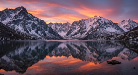 Fototapeta premium Majestic mountains reflecting in tranquil lake waters at vibrant sunset creating a serene spectacle